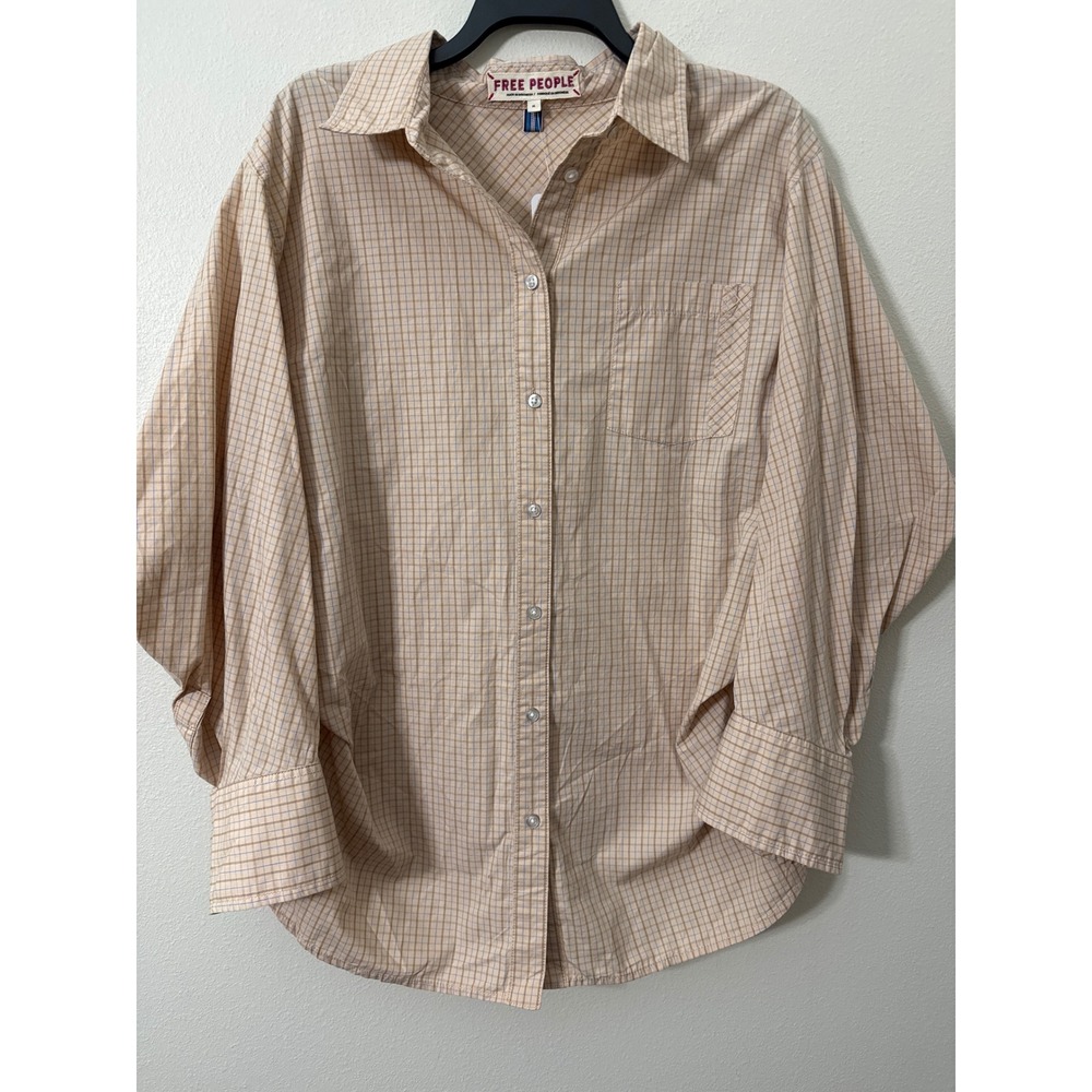Free People Quinn Check Tan Combo Oversized Plaid Button Down Shirt Size M NEW